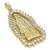 Oro Laminado Religious Pendant, Gold Filled Style Guadalupe Design, with White Cubic Zirconia, Polished, Golden Finish, 05.94.0002