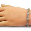 Oro Laminado Fancy Bracelet, Gold Filled Style Greek Key and Cluster Design, with White Cubic Zirconia, Polished, Golden Finish, 03.283.0507.08