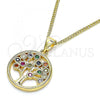 Oro Laminado Pendant Necklace, Gold Filled Style Tree Design, with Multicolor Cubic Zirconia, Polished, Golden Finish, 04.156.0386.1.20