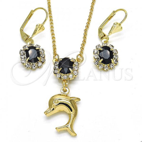 Oro Laminado Earring and Pendant Adult Set, Gold Filled Style Dolphin Design, with Black and White Crystal, Polished, Golden Finish, 10.122.0008.1