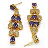 Oro Laminado Long Earring, Gold Filled Style Teardrop Design, with Dark Amethyst and White Cubic Zirconia, Polished, Golden Finish, 02.206.0046
