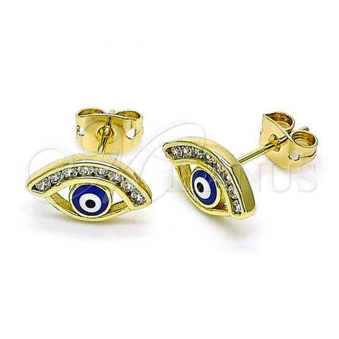 Oro Laminado Stud Earring, Gold Filled Style Evil Eye Design, with White Cubic Zirconia, Blue Enamel Finish, Golden Finish, 02.213.0267.2