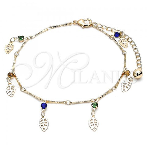 Oro Laminado Charm Anklet , Gold Filled Style Leaf and Rattle Charm Design, with Multicolor Crystal, Polished, Golden Finish, 03.213.0109.10