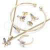 Oro Laminado Earring and Pendant Children Set, Gold Filled Style Dragon-Fly Design, with Multicolor Cubic Zirconia, Polished, Golden Finish, 06.210.0020