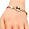 Oro Laminado Fancy Bracelet, Gold Filled Style Flower Design, with Green and White Cubic Zirconia, Polished, Golden Finish, 03.210.0044.1.08