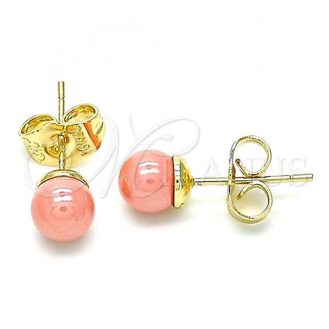 Oro Laminado Stud Earring, Gold Filled Style Ball Design, with Pink Pearl, Polished, Golden Finish, 02.63.2118.1