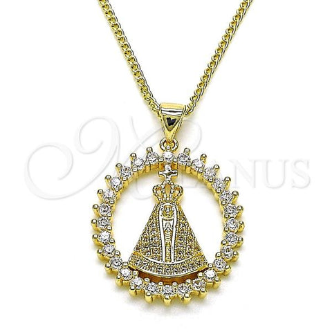 Oro Laminado Pendant Necklace, Gold Filled Style Caridad del Cobre and Cross Design, with White Cubic Zirconia and White Micro Pave, Polished, Golden Finish, 04.195.0064.1.18