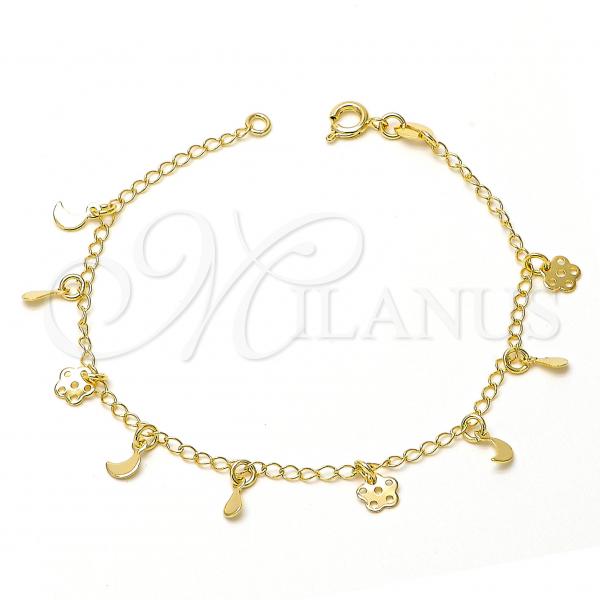 Oro Laminado Charm Bracelet, Gold Filled Style Flower and Moon Design, Polished, Golden Finish, 03.09.0003.07