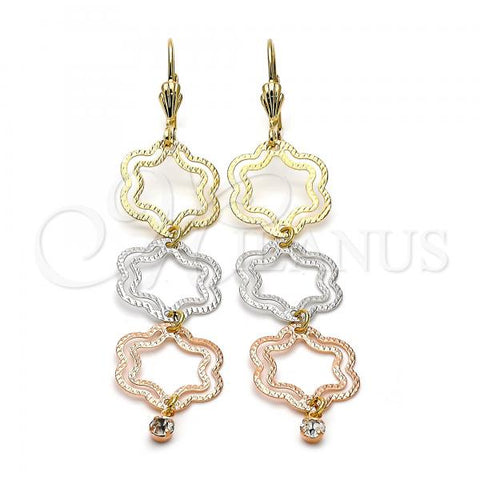 Oro Laminado Long Earring, Gold Filled Style Flower Design, with White Cubic Zirconia, Diamond Cutting Finish, Tricolor, 5.099.013