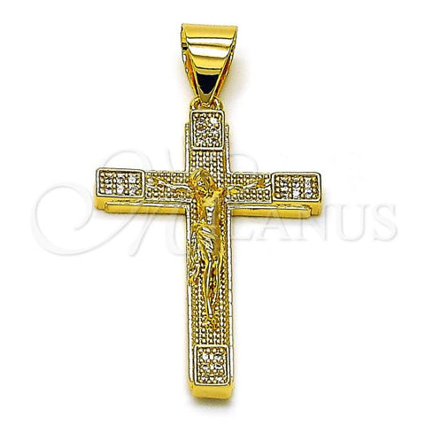 Oro Laminado Religious Pendant, Gold Filled Style Cross and Crucifix Design, with White Micro Pave, Polished, Golden Finish, 05.342.0215