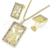 Oro Laminado Earring and Pendant Adult Set, Gold Filled Style Leaf Design, with Multicolor Cubic Zirconia, Polished, Golden Finish, 10.233.0039.1
