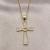 Oro Laminado Pendant Necklace, Gold Filled Style Cross and Heart Design, with White Micro Pave, Polished, Golden Finish, 04.156.0225.18
