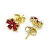 Oro Laminado Stud Earring, Gold Filled Style Flower Design, with Garnet Cubic Zirconia, Polished, Golden Finish, 02.310.0042.1