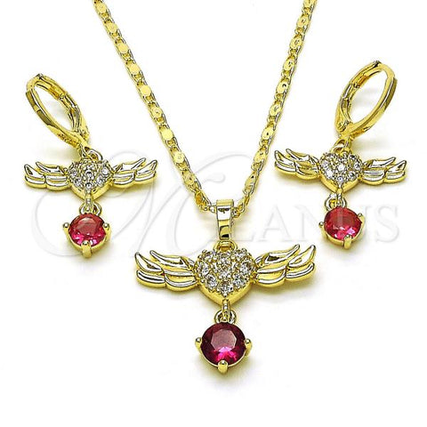 Oro Laminado Earring and Pendant Adult Set, Gold Filled Style Wings and Heart Design, with White Micro Pave and Ruby Cubic Zirconia, Polished, Golden Finish, 10.196.0098.1
