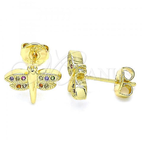 Oro Laminado Stud Earring, Gold Filled Style Dragon-Fly Design, with Multicolor Micro Pave, Polished, Golden Finish, 02.156.0470.3