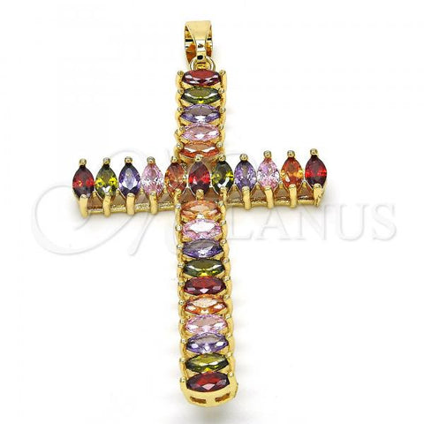 Oro Laminado Religious Pendant, Gold Filled Style Cross Design, with Multicolor Cubic Zirconia, Polished, Golden Finish, 05.316.0001.1