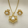 Oro Laminado Earring and Pendant Adult Set, Gold Filled Style Flower and Ball Design, with Ivory Pearl and White Crystal, Polished, Golden Finish, 10.156.0085