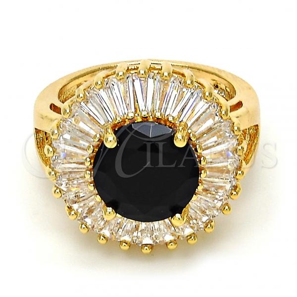 Oro Laminado Multi Stone Ring, Gold Filled Style Flower Design, with Black and White Cubic Zirconia, Polished, Golden Finish, 01.205.0010.3.08 (Size 8)