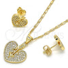 Oro Laminado Earring and Pendant Adult Set, Gold Filled Style Heart Design, with White Micro Pave, Polished, Golden Finish, 10.156.0149