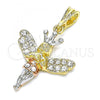 Oro Laminado Religious Pendant, Gold Filled Style Angel and Crown Design, with White Crystal, Polished, Tricolor, 05.380.0135