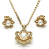 Oro Laminado Earring and Pendant Adult Set, Gold Filled Style Flower and Ball Design, with Ivory Pearl and White Crystal, Polished, Golden Finish, 10.156.0085