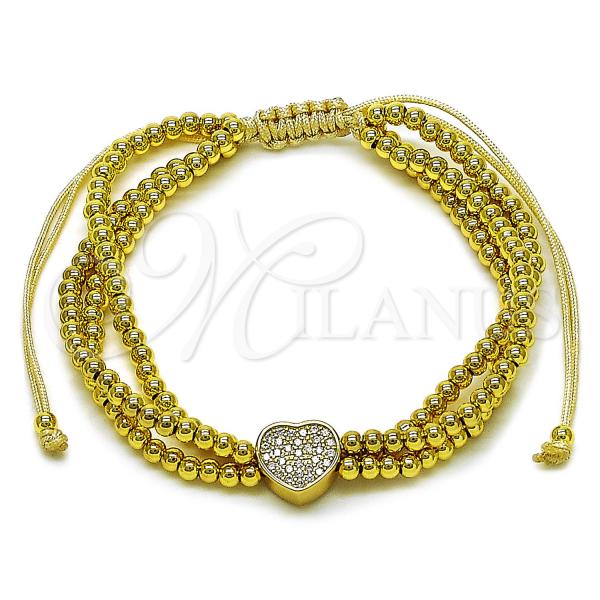 Oro Laminado Adjustable Bolo Bracelet, Gold Filled Style Heart and Ball Design, with White Micro Pave, Polished, Golden Finish, 03.341.0234.2.11