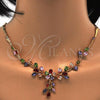 Oro Laminado Necklace and Earring, Gold Filled Style Flower and Leaf Design, with Multicolor Cubic Zirconia, Polished, Golden Finish, 06.205.0004.1
