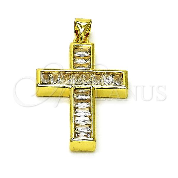 Oro Laminado Religious Pendant, Gold Filled Style Cross and Baguette Design, with White Cubic Zirconia, Polished, Golden Finish, 05.341.0098