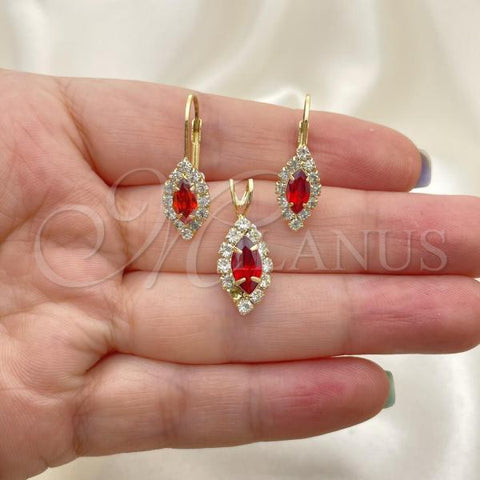 Oro Laminado Earring and Pendant Adult Set, Gold Filled Style with Garnet and White Cubic Zirconia, Golden Finish, 5.058.016