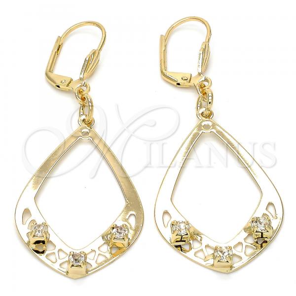 Oro Laminado Dangle Earring, Gold Filled Style Teardrop Design, with White Crystal, Polished, Golden Finish, 89.003