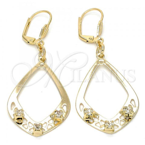 Oro Laminado Dangle Earring, Gold Filled Style Teardrop Design, with White Crystal, Polished, Golden Finish, 89.003