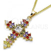 Oro Laminado Pendant Necklace, Gold Filled Style Cross Design, with Multicolor Cubic Zirconia, Polished, Golden Finish, 04.284.0012.3.20