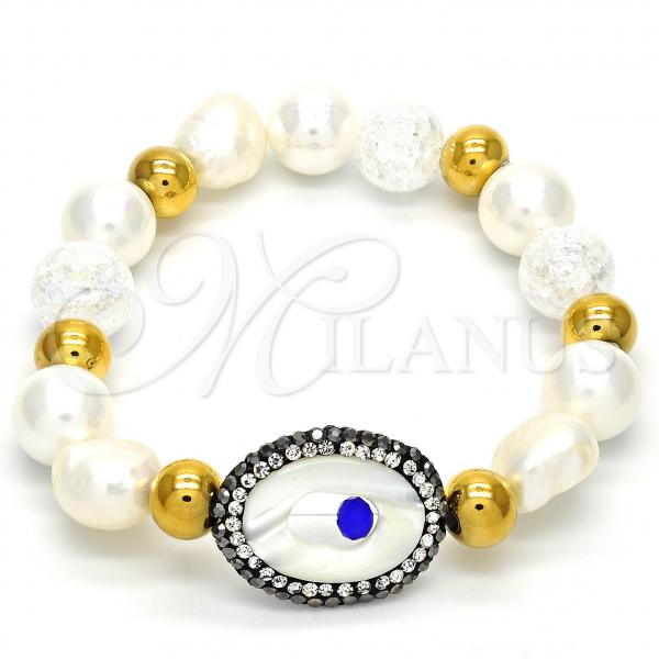 Stainless Steel Fancy Bracelet, with Ivory Pearl and Light Brown Crystal, Polished, Golden Finish, 03.229.0005.07