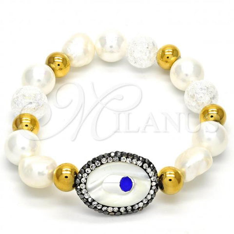 Stainless Steel Fancy Bracelet, with Ivory Pearl and Light Brown Crystal, Polished, Golden Finish, 03.229.0005.07
