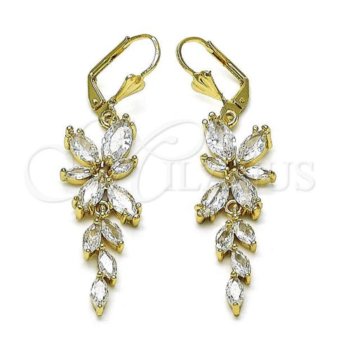 Oro Laminado Long Earring, Gold Filled Style Flower and Leaf Design, with White Cubic Zirconia, Polished, Golden Finish, 02.210.0833