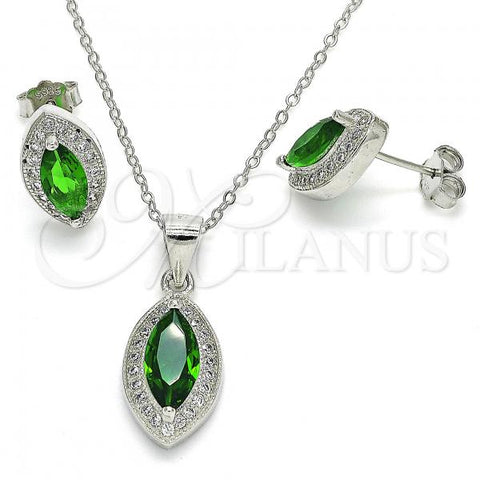 Sterling Silver Earring and Pendant Adult Set, with Green Cubic Zirconia and White Micro Pave, Polished, Rhodium Finish, 10.175.0068.2