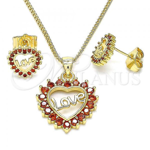 Oro Laminado Earring and Pendant Adult Set, Gold Filled Style Heart and Love Design, with Garnet Cubic Zirconia, Polished, Golden Finish, 10.156.0412.1