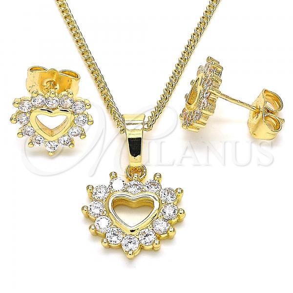 Oro Laminado Earring and Pendant Adult Set, Gold Filled Style Heart Design, with White Cubic Zirconia, Polished, Golden Finish, 10.233.0042
