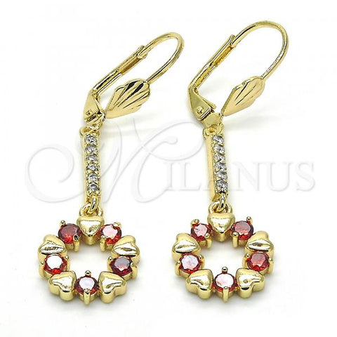Oro Laminado Long Earring, Gold Filled Style Heart Design, with Garnet and White Cubic Zirconia, Polished, Golden Finish, 02.210.0196.2