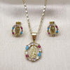 Oro Laminado Earring and Pendant Adult Set, Gold Filled Style Guadalupe Design, with Multicolor Cubic Zirconia, Polished, Golden Finish, 10.411.0012