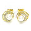 Oro Laminado Stud Earring, Gold Filled Style Ball Design, with White Cubic Zirconia and Ivory Pearl, Polished, Golden Finish, 02.156.0343