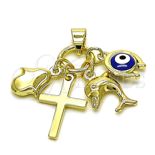 Oro Laminado Fancy Pendant, Gold Filled Style Cross and Dolphin Design, Blue Enamel Finish, Golden Finish, 05.213.0165