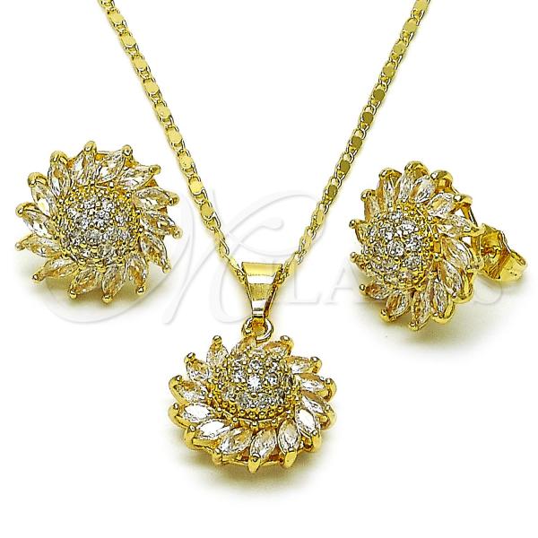 Oro Laminado Earring and Pendant Adult Set, Gold Filled Style Flower Design, with White Cubic Zirconia, Polished, Golden Finish, 10.284.0048