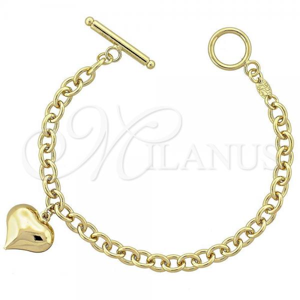 Oro Laminado Charm Bracelet, Gold Filled Style Heart and Rolo Design, Polished, Golden Finish, 5.023.003