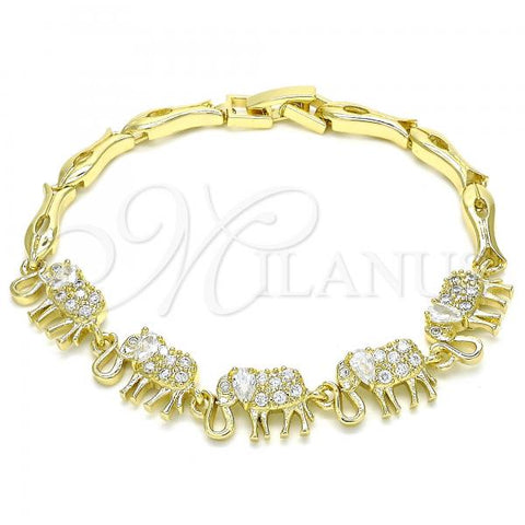 Oro Laminado Fancy Bracelet, Gold Filled Style Elephant and Fish Design, with White Micro Pave, Polished, Golden Finish, 03.316.0031.07