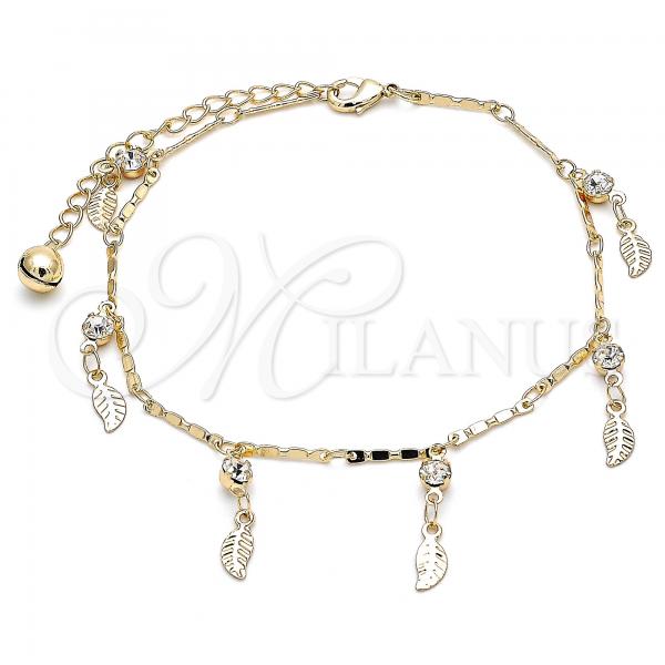 Oro Laminado Charm Anklet , Gold Filled Style Leaf and Rattle Charm Design, with White Crystal, Polished, Golden Finish, 03.213.0113.10