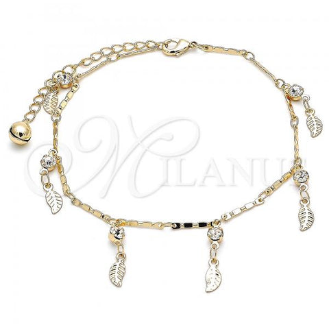 Oro Laminado Charm Anklet , Gold Filled Style Leaf and Rattle Charm Design, with White Crystal, Polished, Golden Finish, 03.213.0113.10