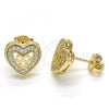 Oro Laminado Stud Earring, Gold Filled Style Heart Design, with White Micro Pave, Polished, Golden Finish, 02.156.0298