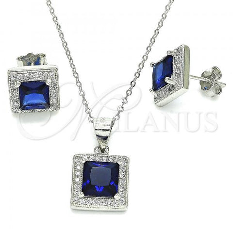 Sterling Silver Earring and Pendant Adult Set, with Sapphire Blue Cubic Zirconia and White Micro Pave, Polished, Rhodium Finish, 10.175.0069.1