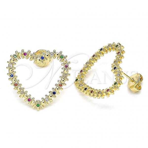 Oro Laminado Stud Earring, Gold Filled Style Heart Design, with Multicolor Micro Pave, Polished, Golden Finish, 02.156.0439.3